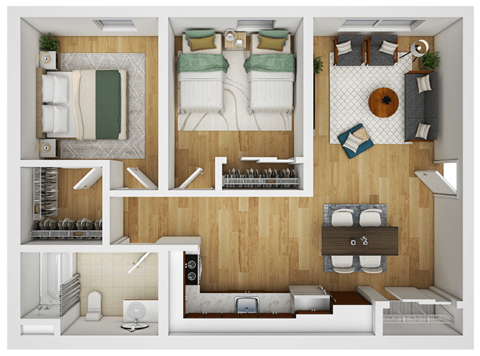 a 3d floor plan of a bedroom with a bathroom and a living room